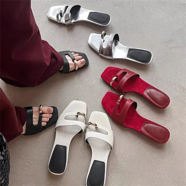 Designer Low Heel Slippers for Women Summer Sandals Casual Beach Slides Fashion Red Ladies Mules Metal Decor Flip Flops - Image 3