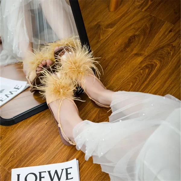 Feather Women's Sandals Summer 2025 Fur Flat Shoes Ladies Bohemia Beach Slippers Square Toe Casual Gladiator Sandalias Mujer - Image 4