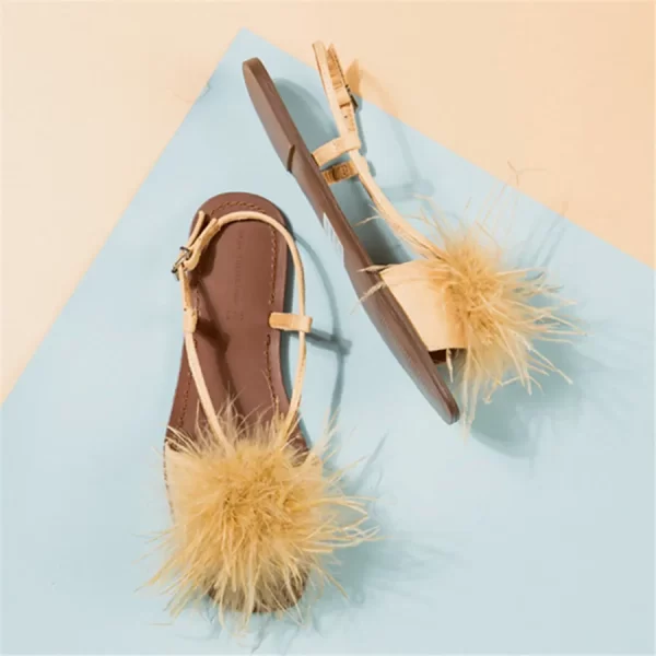 Feather Women's Sandals Summer 2025 Fur Flat Shoes Ladies Bohemia Beach Slippers Square Toe Casual Gladiator Sandalias Mujer - Image 2
