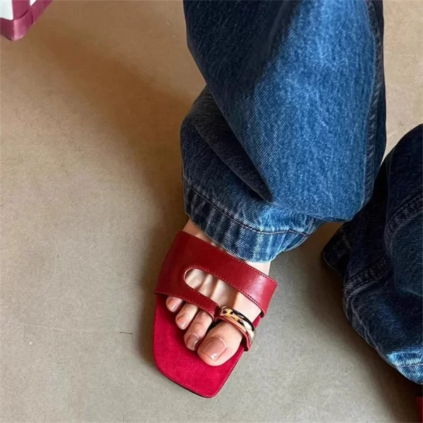 Designer Low Heel Slippers for Women Summer Sandals Casual Beach Slides Fashion Red Ladies Mules Metal Decor Flip Flops - Image 5