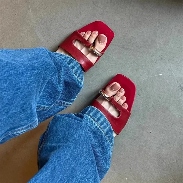 Designer Low Heel Slippers for Women Summer Sandals Casual Beach Slides Fashion Red Ladies Mules Metal Decor Flip Flops - Image 2