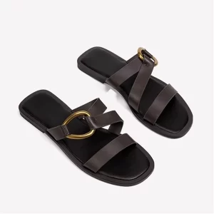 Metal Ring Summer Half Slippers Women Flat Beach Shoes Casual Outside Slides Black Designer Gladiator Sandals Luxury Footwear