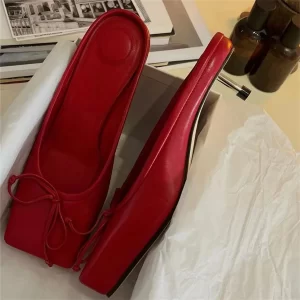 Fashion Square Toe Women Slippers High Heel Dress Pumps Red Shoes Woman 2025 Luxury Bowknot Ladies Sandals Runway Mules