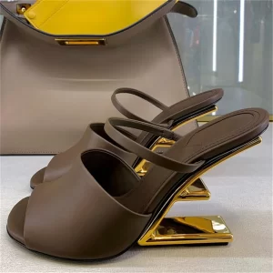 Designer Brown Women Slippers Sexy Peep Toe Dress Pumps 2025 New Summer Outdoor Mules High Heel Sandals Wedge Shoes Woman
