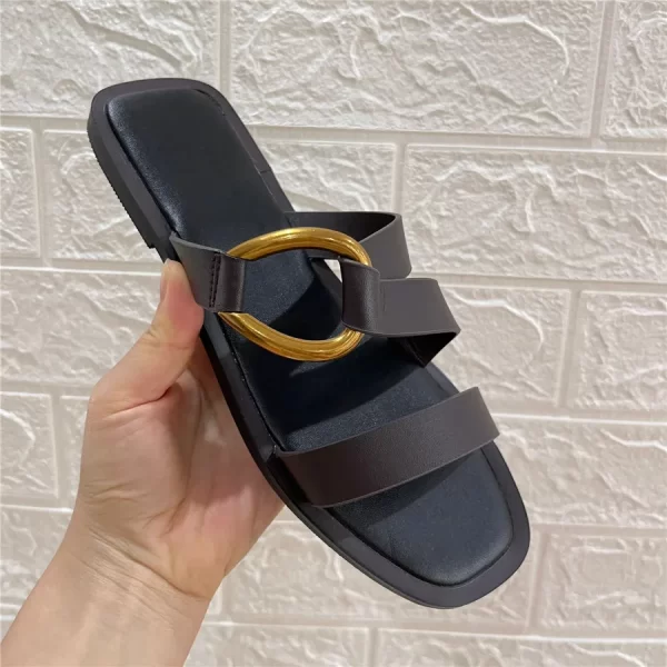 Metal Ring Summer Half Slippers Women Flat Beach Shoes Casual Outside Slides Black Designer Gladiator Sandals Luxury Footwear - Image 2