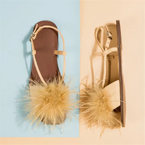 Feather Women's Sandals Summer 2025 Fur Flat Shoes Ladies Bohemia Beach Slippers Square Toe Casual Gladiator Sandalias Mujer - Image 3