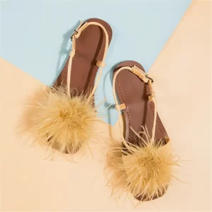 Feather Women's Sandals Summer 2025 Fur Flat Shoes Ladies Bohemia Beach Slippers Square Toe Casual Gladiator Sandalias Mujer